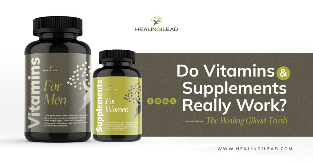 A bottle of supplements that contains the description Do Vitamins & Supplements Really work