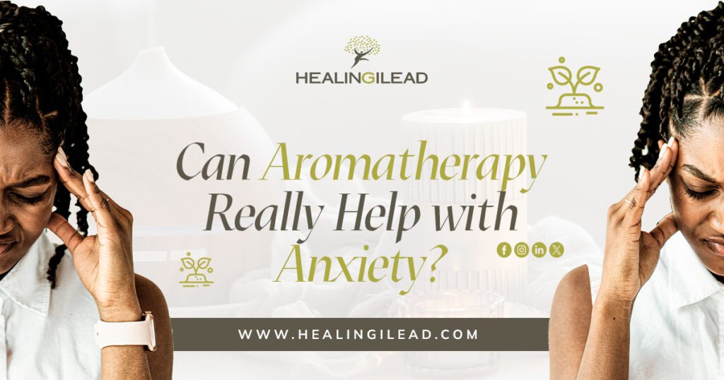 A picture of a lady holding her head with a description: Can Aromatherapy reduce stress?